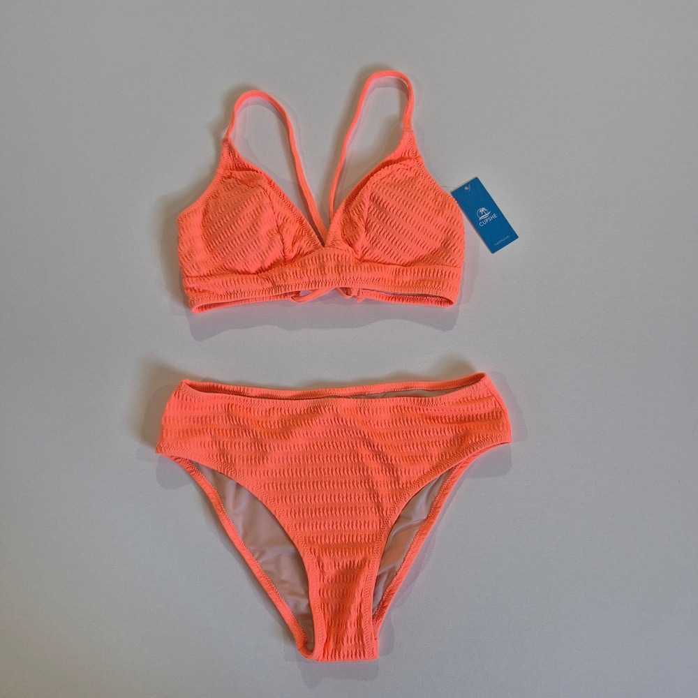 CUPSHE Neon Orange Smocked Bikini Set New With Tags Two Piece Swimsuit Small